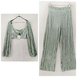 Luxxel Green Cropped Blouse & Wide Leg Pants Set 5692 & 6360